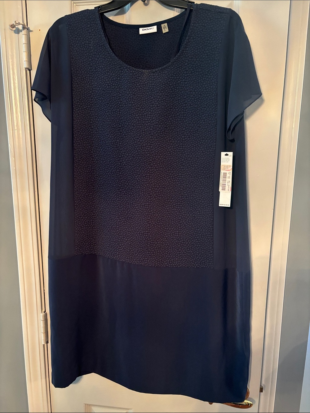 DKNYC Navy Short Sleeve Round Neck Shift Dress with Textured Front NWT